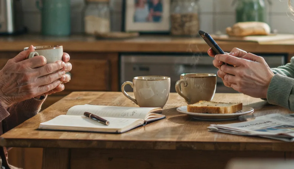 Older and younger hands at a kitchen table — one holding a mug, the other a phone